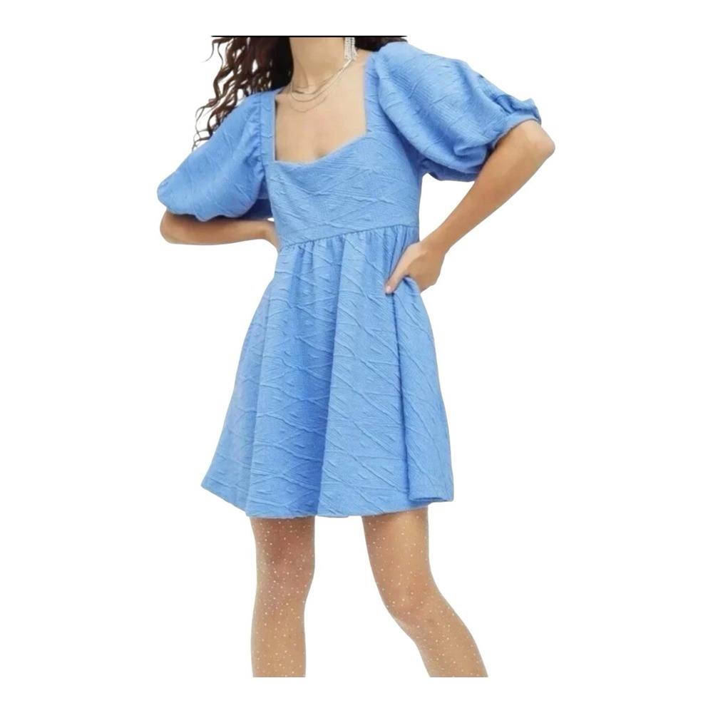 Free People Violet Mini Dress December Sky Blue Puff Sleeve Bow Back Size‎ Small
